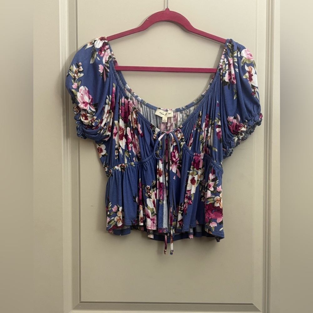 Blue Ruched Ruffled Blouse with Short Sleeves - Picture 2 of 10
